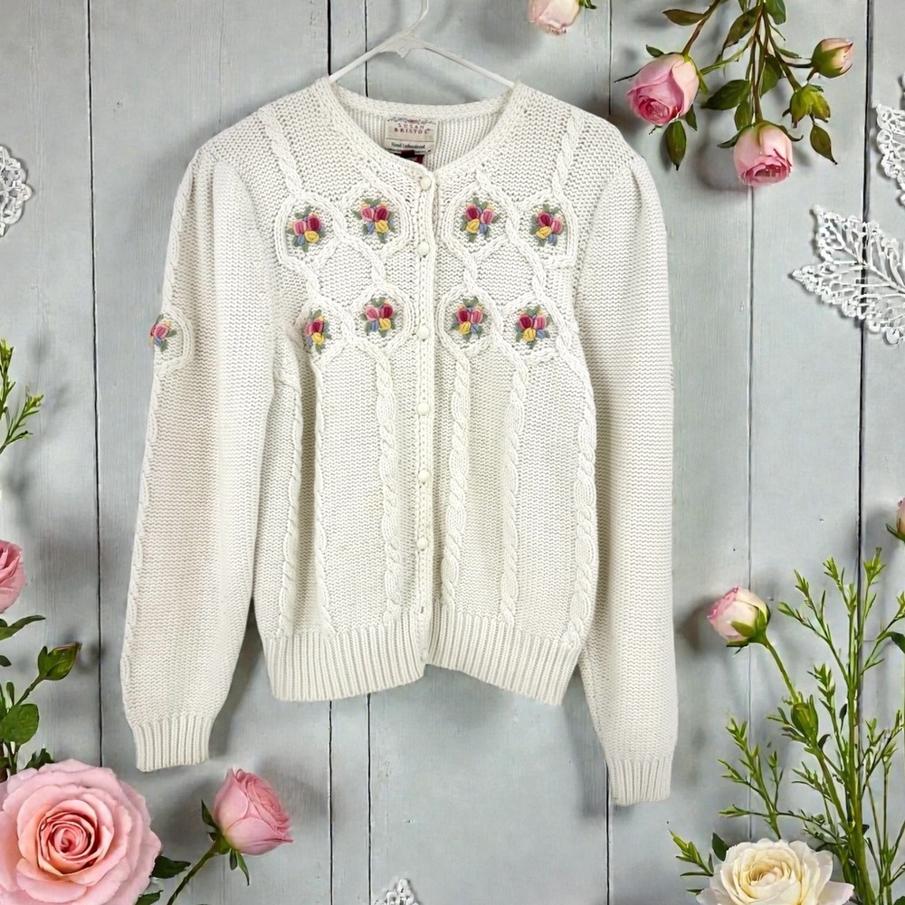 Susan Bristol Hand-Embroidered Cable Knit Floral Cardigan Vintage | Size M